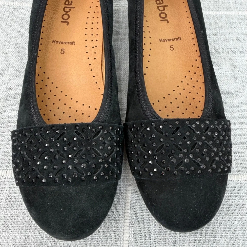 Gabor US 7.5 Black Flats Suede Laser Cut Rhinestone UK 5 Hovercraft‎ Sole
